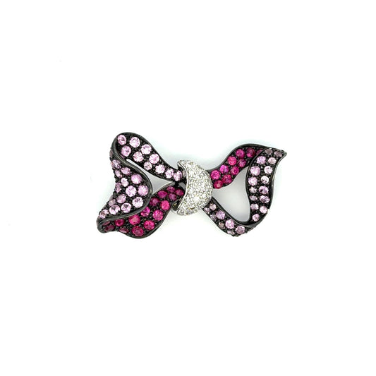 18K Black Gold Bow Brooch Set with Pink Sapphire & Diamond