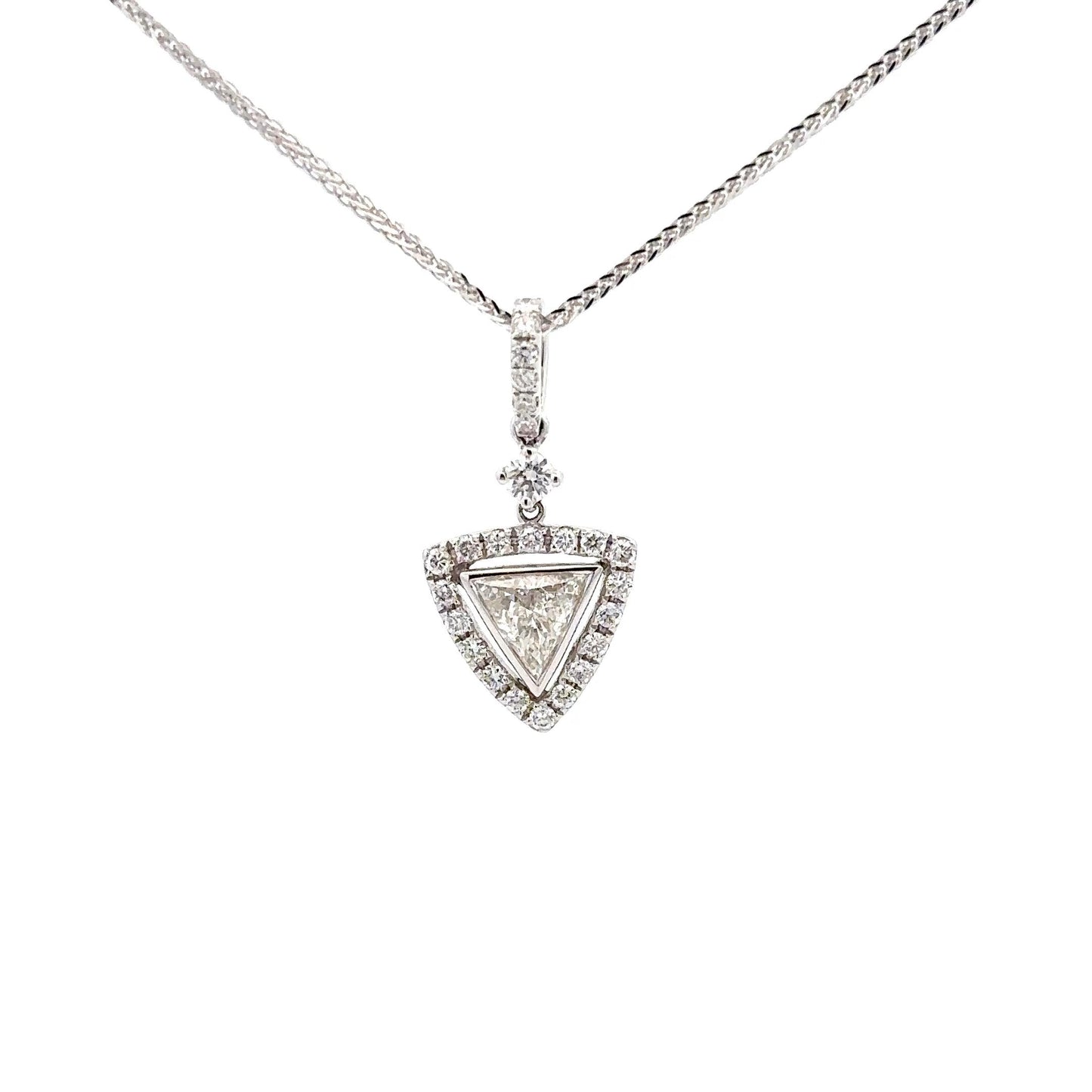 18K White Gold Trillion Diamond Pendant Set with Halo Round Diamonds