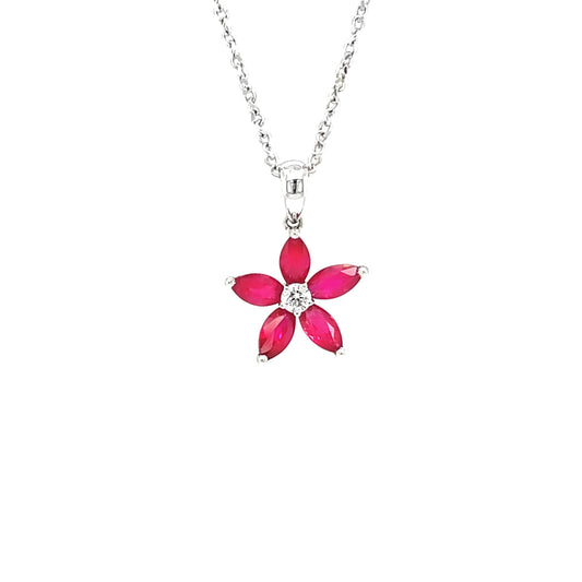 18K White Gold Flower Design Pendant Set with Ruby, Diamond