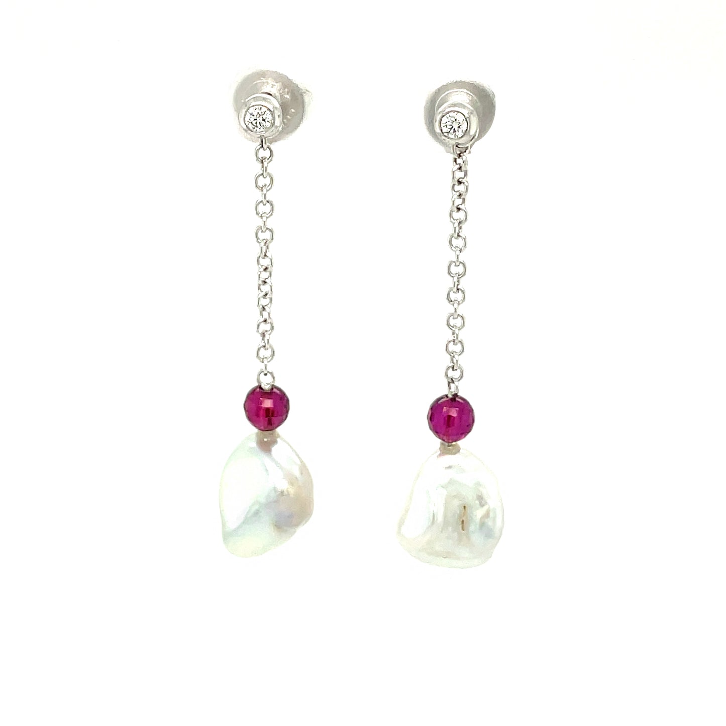 18K White Gold Earrings Design with Drop Fresh Water Baroque Pearl, Diamond