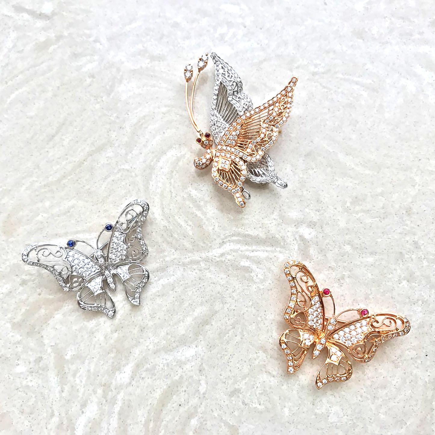 18K White Gold Butterfly Design Brooch Set with Diamond, Colorstone