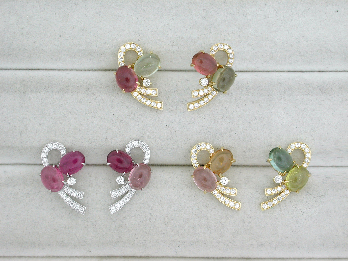 18K Yellow Gold Fancy Design Earrings Set With Cabochon Tourmaline & Diamonds