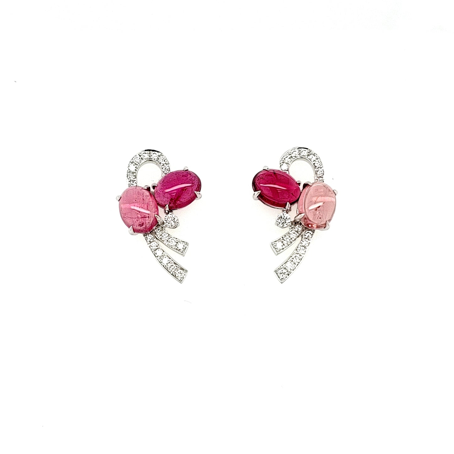 18K Yellow Gold Fancy Design Earrings Set With Cabochon Tourmaline & Diamonds