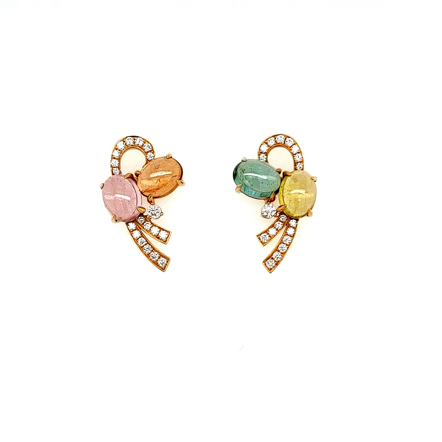 18K Yellow Gold Fancy Design Earrings Set With Cabochon Tourmaline & Diamonds