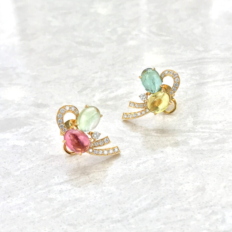 18K Yellow Gold Fancy Design Earrings Set With Cabochon Tourmaline & Diamonds