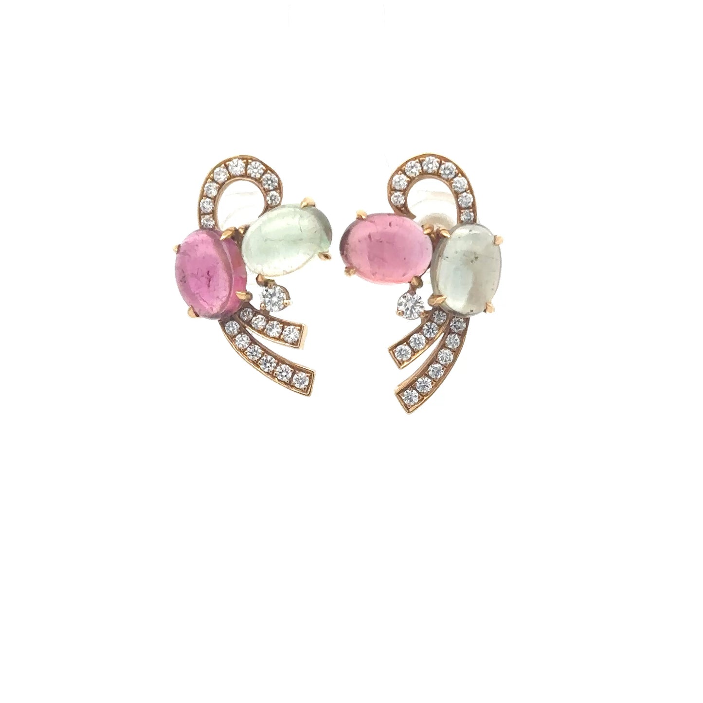 18K Yellow Gold Fancy Design Earrings Set With Cabochon Tourmaline & Diamonds