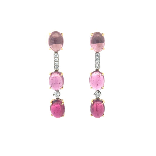 18K White & Yellow Gold Fancy Design Earrings Set With Cabochon Tourmaline & Diamonds