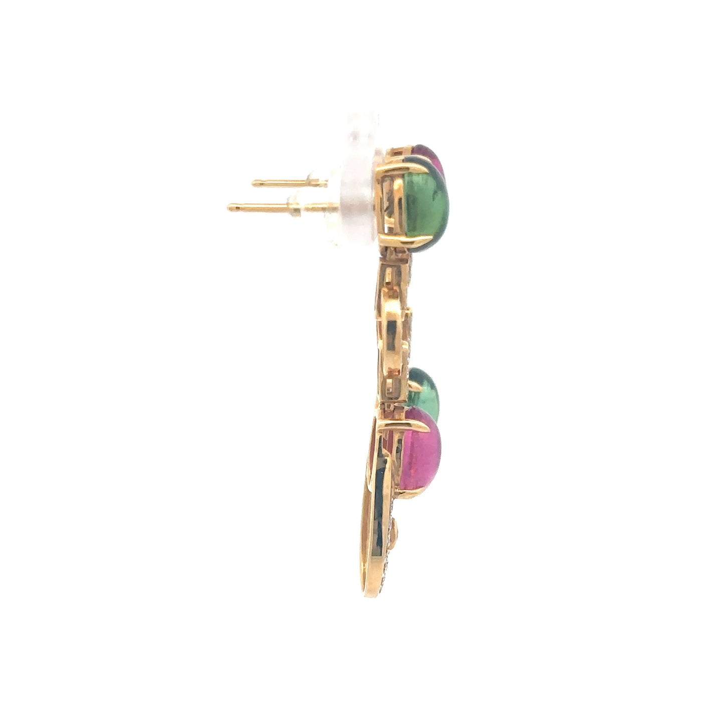 18K Yellow Gold Fancy Design Earrings Set With Cabochon Tourmaline & Diamonds