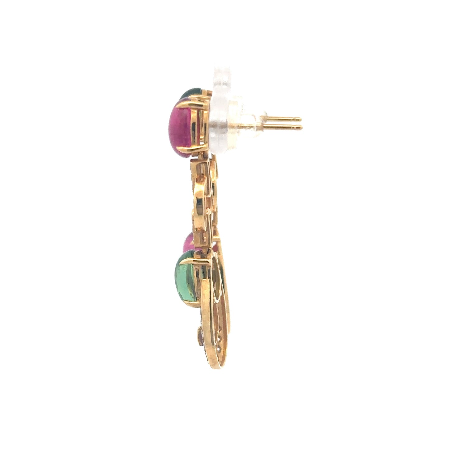 18K Yellow Gold Fancy Design Earrings Set With Cabochon Tourmaline & Diamonds