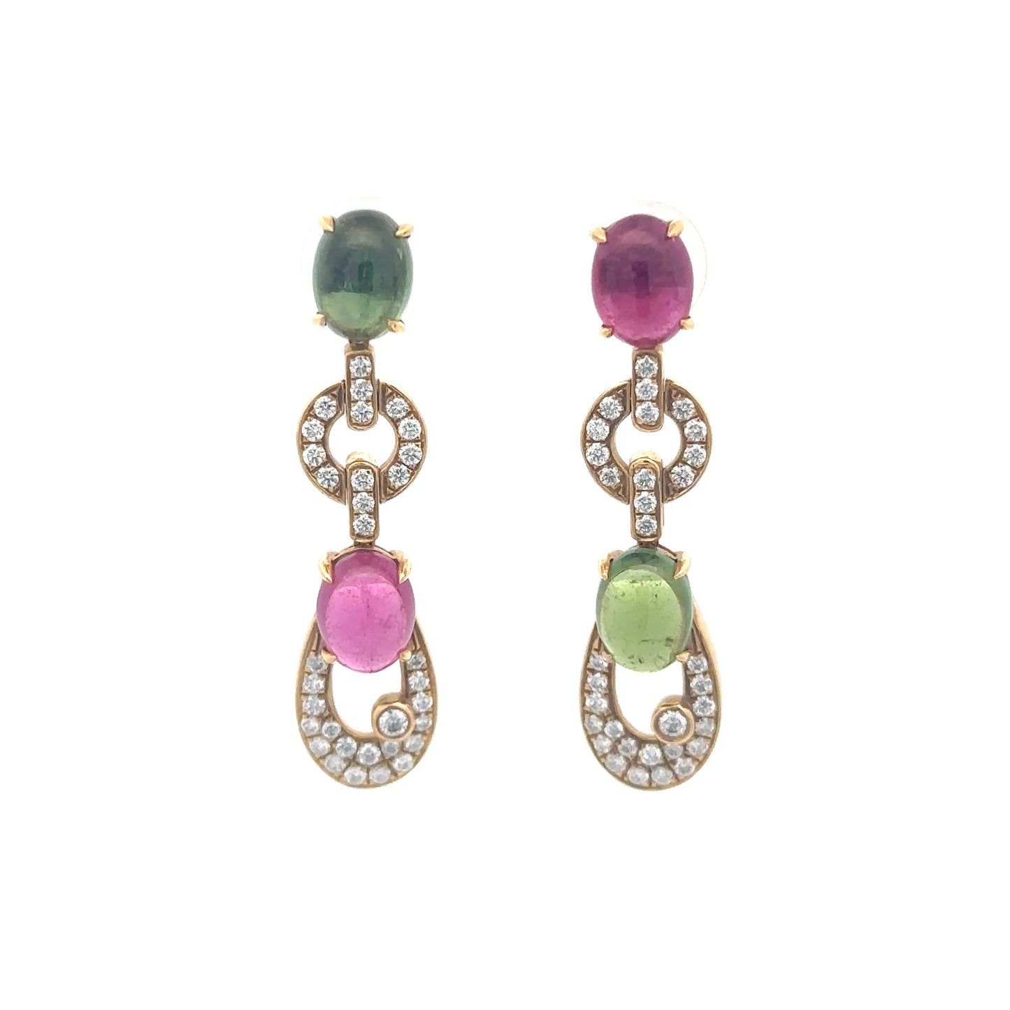 18K Yellow Gold Fancy Design Earrings Set With Cabochon Tourmaline & Diamonds