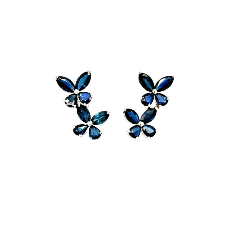18K White Gold Butterflies Design Earrings Set with Blue Sapphire