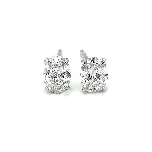 18K White Gold Post Earring Set with Oval Shape Diamond