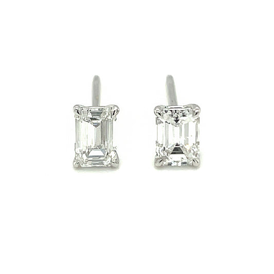 18K White Gold Post Earring Set with Emerald Shape Diamond