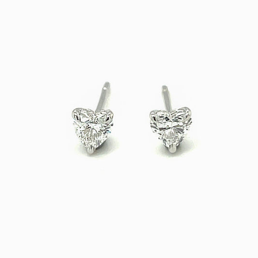 18K White Gold Post Earrings Set with Heart Shape Diamond