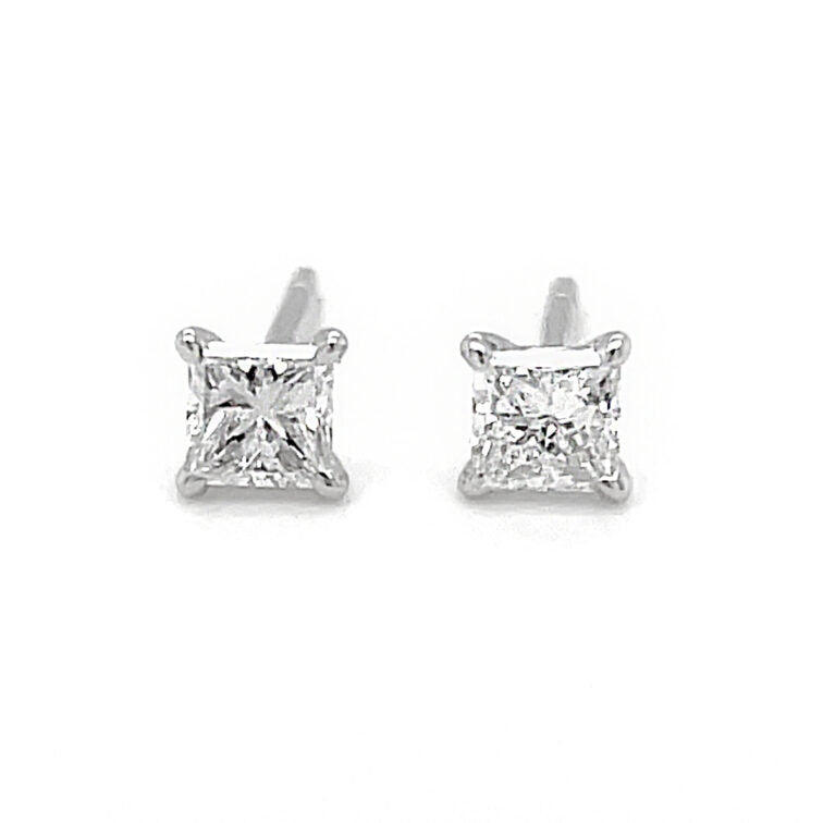 18K White Gold Post Earrings Set with Princess Shape Diamond
