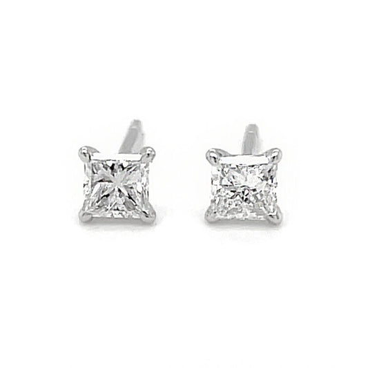 18K White Gold Post Earrings Set with Princess Shape Diamond