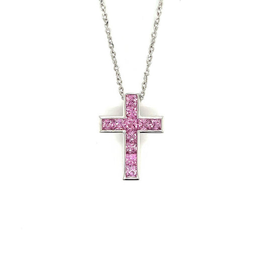 18K White Gold Cross Design Pendant Set with Pink Sapphire
