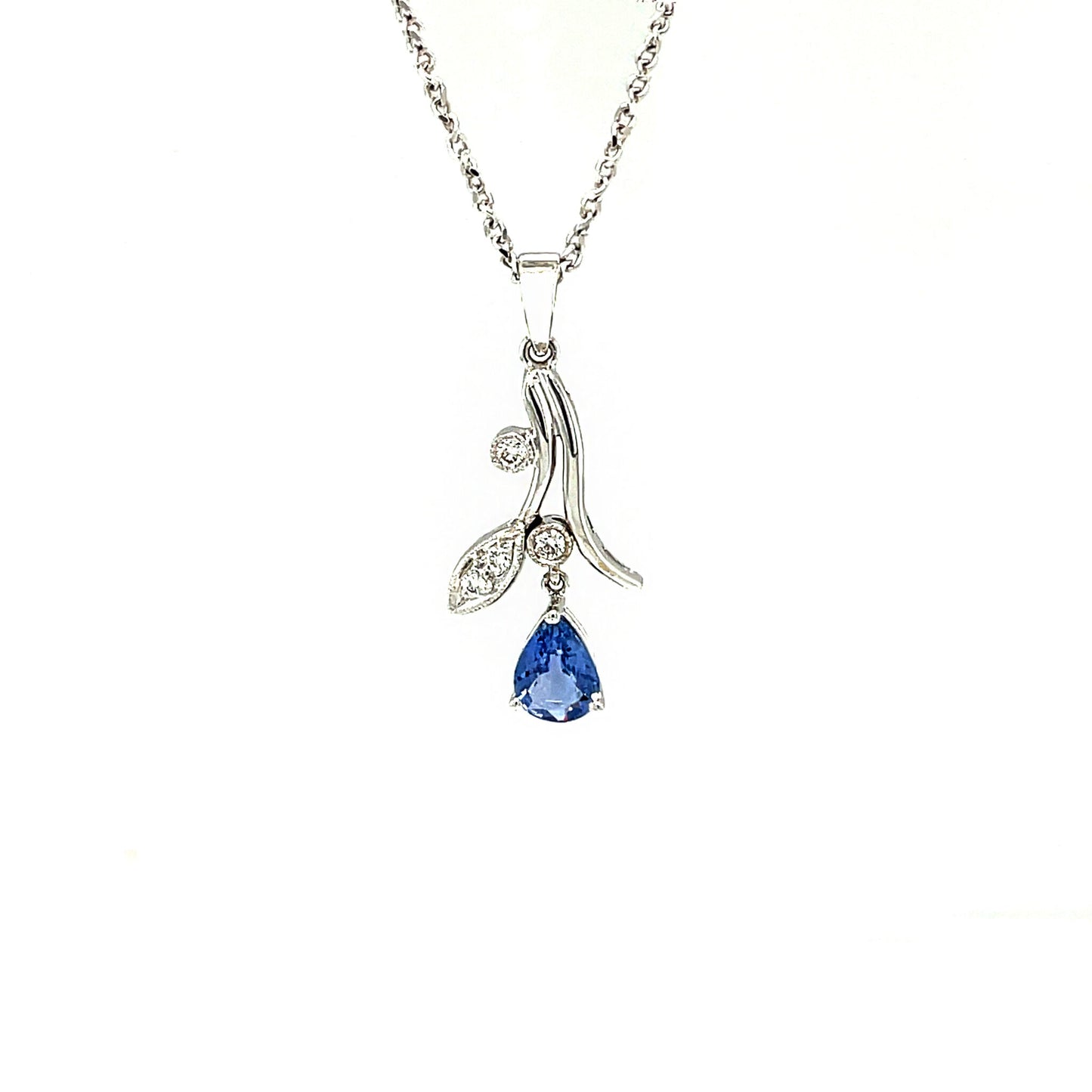 18K White Gold Flower Design Pendant Set with Blue Sapphire, Diamond