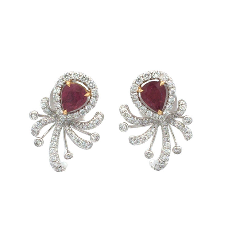 18K White Gold Vintage Design Earrings Set With Pear Shape Ruby & Round Brilliant Cut Diamond