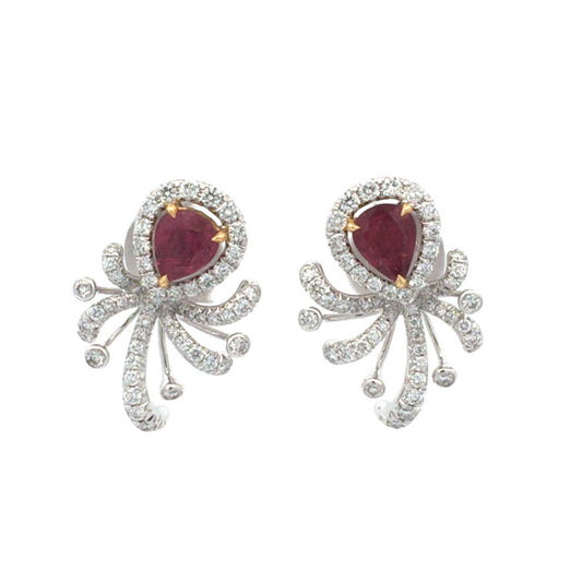 18K White Gold Vintage Design Earrings Set With Pear Shape Ruby & Round Brilliant Cut Diamond