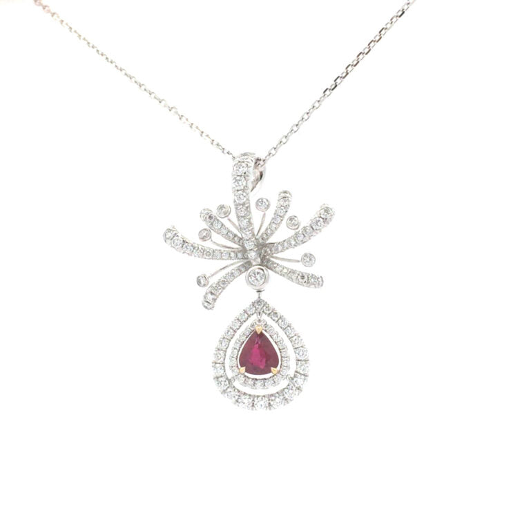 18K White Gold Vintage Design Pendant Set With Pear Shape Ruby & Round Brilliant Cut Diamonds