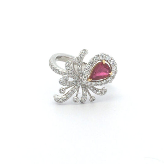 18K White Gold Vintage Design Ring Set With Pear Shape Ruby & Round Brilliant Cut  Diamond