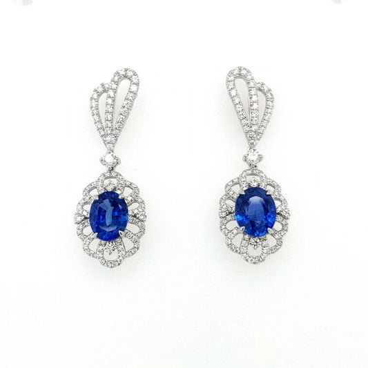 18K White Gold Vintage Design Earrings Set With Oval Shape Sapphire & Round Brilliant Cut Diamond