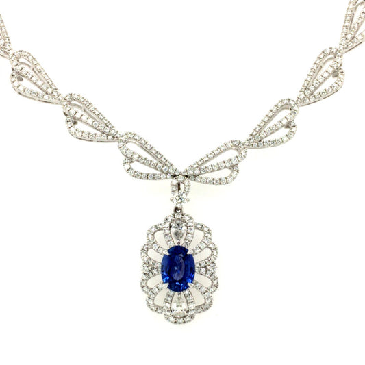 18K White Gold Vintage Design Necklace Set With Oval Shape Sapphire & Round Brilliant Cut Diamonds