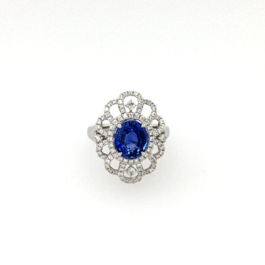 18K White Gold Vintage Design Ring Set With Oval Shape Sapphire & Round Brilliant Cut  Diamond