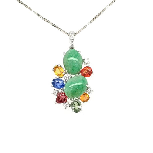 18K White Gold Vintage Design Pendant Set With Oval Shape Jade, Color Stones, Diamonds