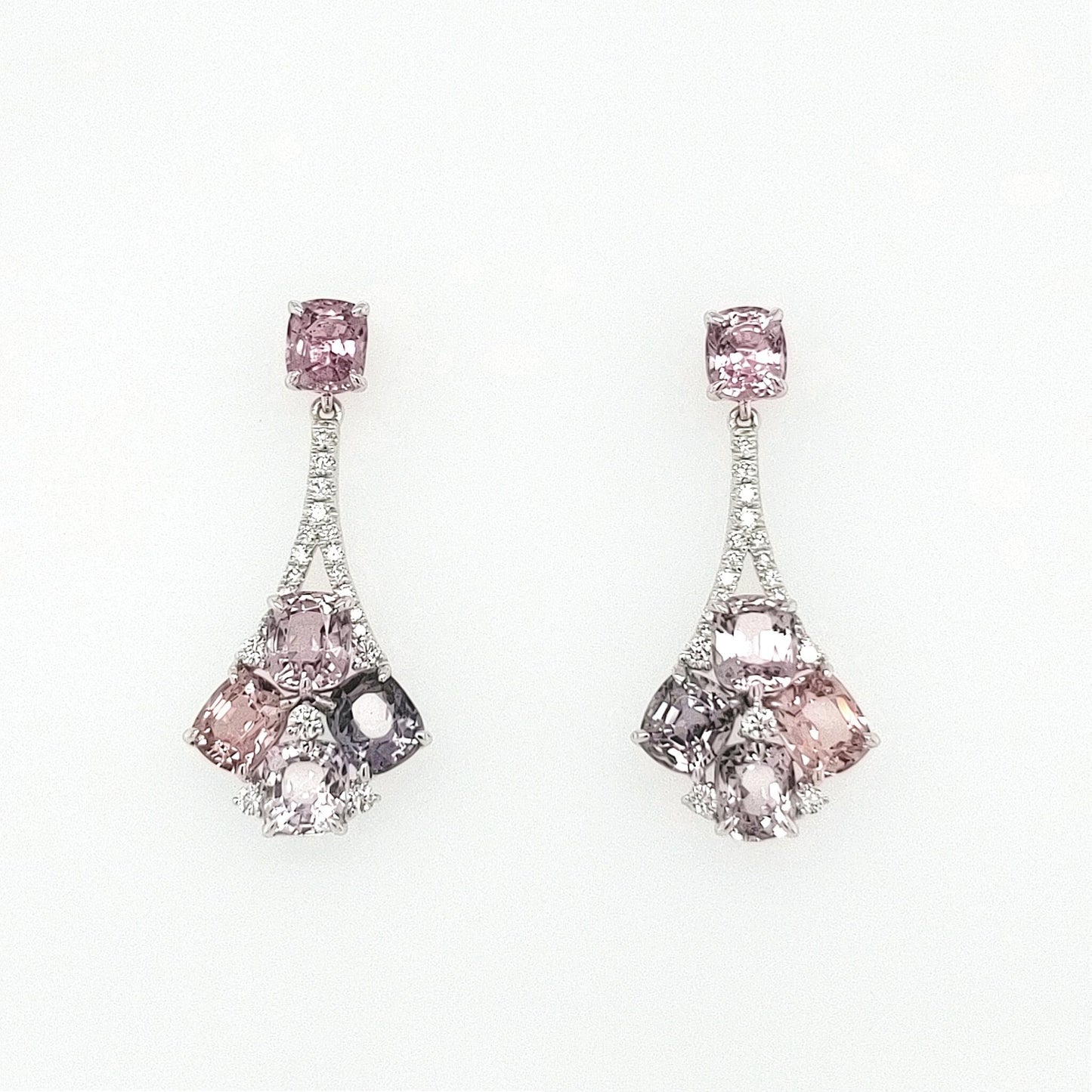 18K White Gold Vintage Design Earrings Set with Emerald Shape Spinels, Diamonds