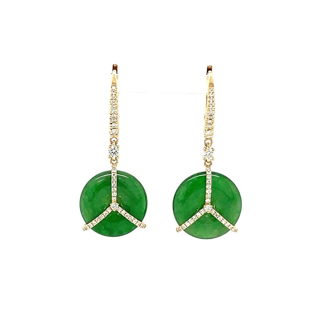 18K Yellow Gold Trinity Dangling Earrings Set With Round Shape Jade & Diamonds
