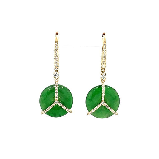 18K Yellow Gold Trinity Dangling Earrings Set With Round Shape Jade & Diamonds