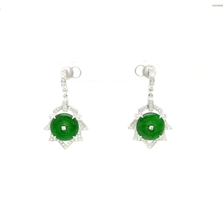18K White Gold Winter Wonderland Dangling Earrings Set With Round Shape Jade & Diamonds