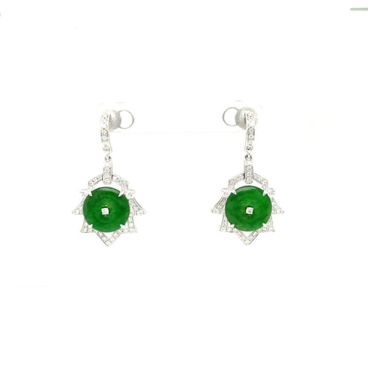 18K White Gold Winter Wonderland Dangling Earrings Set With Round Shape Jade & Diamonds