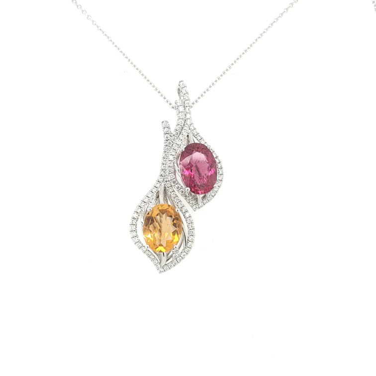 18K White Gold Pendant Set with Pink Tourmaline & Diamond