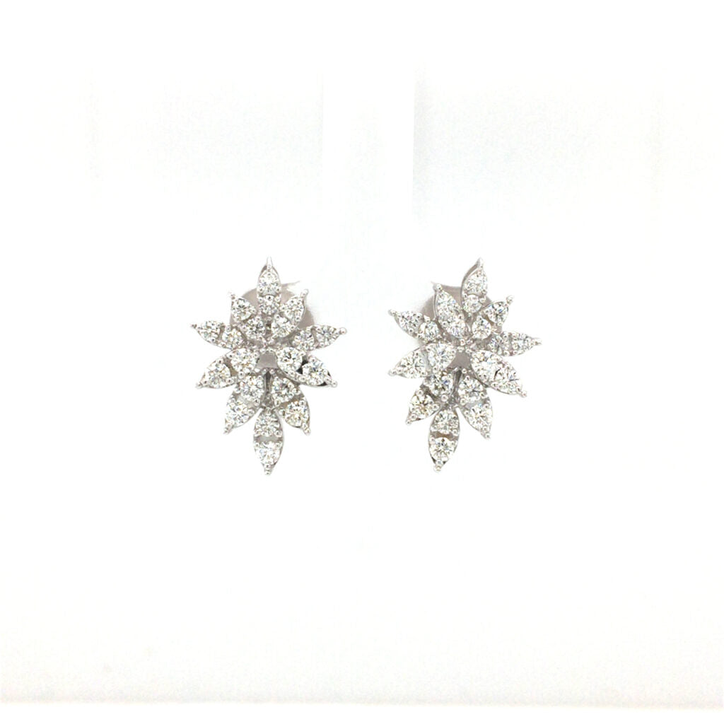 18K White Gold Snowflake Design Earrings Set With Round Brilliant Cut Diamond