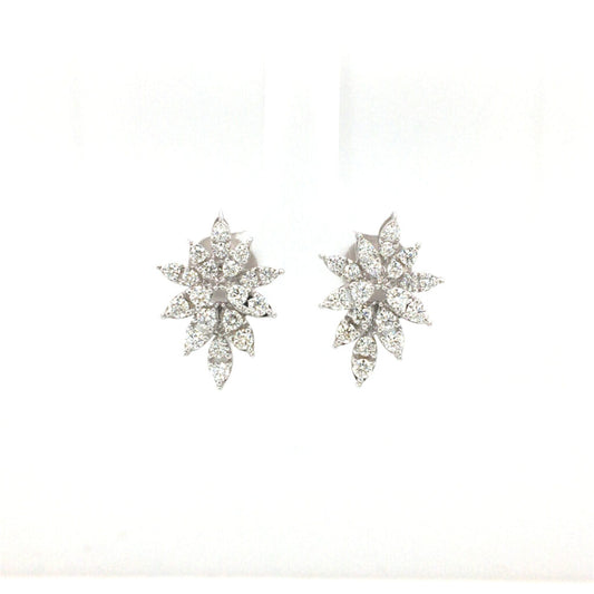 18K White Gold Snowflake Design Earrings Set With Round Brilliant Cut Diamond