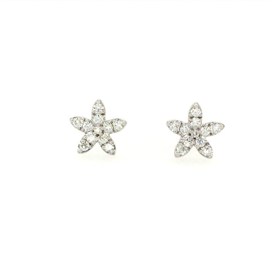 18K White Gold Flower Design Earrings Set With Round Brilliant Cut Diamond