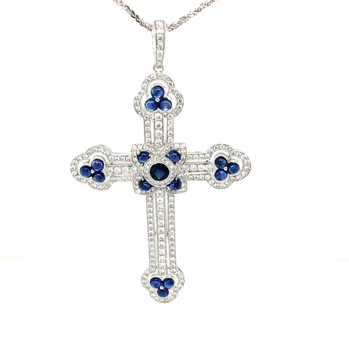 18K White Gold Big Cross Pendant Set with Round & Cabochon Blue Sapphires