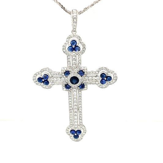 18K White Gold Big Cross Pendant Set with Round & Cabochon Blue Sapphires