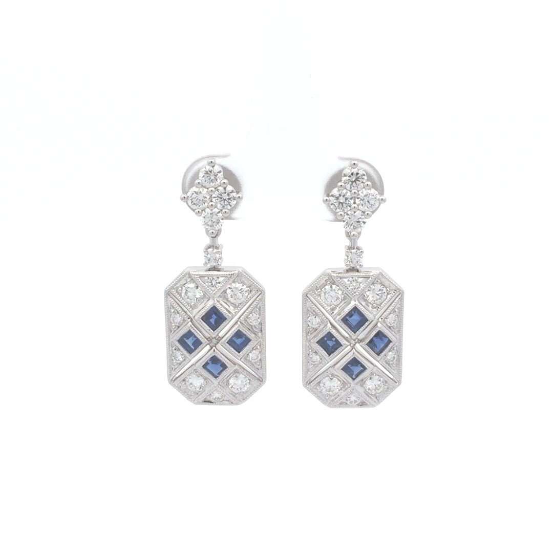 18K White Gold Vintage Design Earrings Set With Princess Cut Sapphire & Round Brilliant Cut Diamond