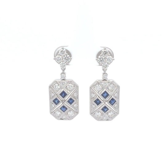 18K White Gold Vintage Design Earrings Set With Princess Cut Sapphire & Round Brilliant Cut Diamond