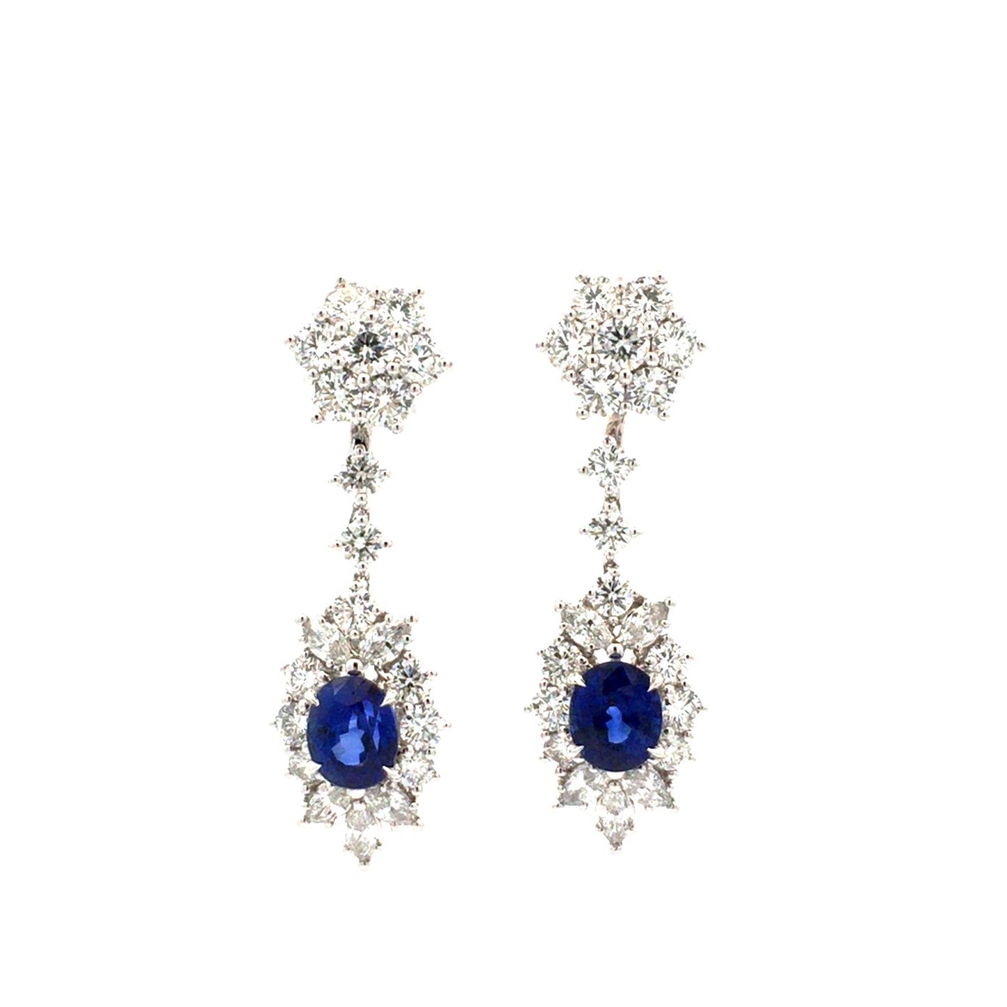 Floral Diamond Earrings with Oval Blue Sapphires Dangling Detachable