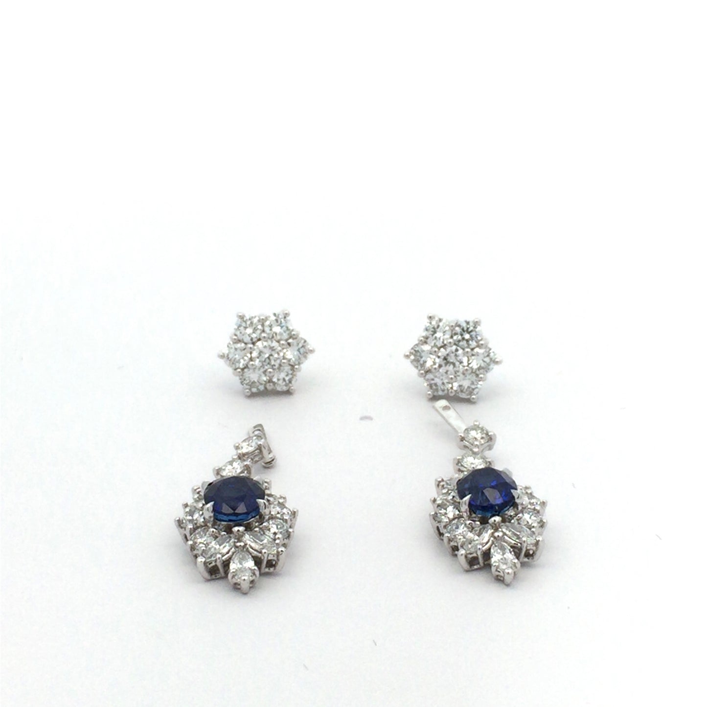 Floral Diamond Earrings with Oval Blue Sapphires Dangling Detachable