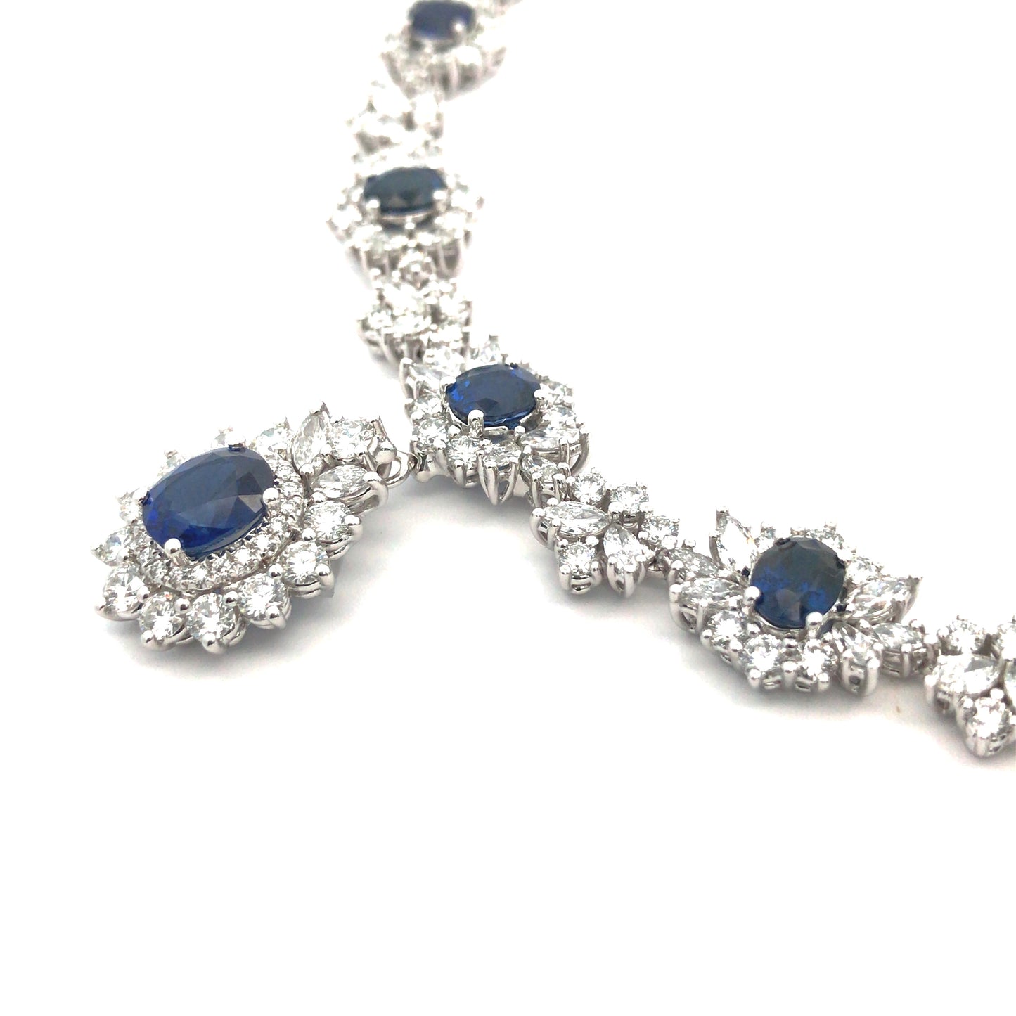 18K White Gold Diamond Necklace set with Oval Blue Sapphire Pendant
