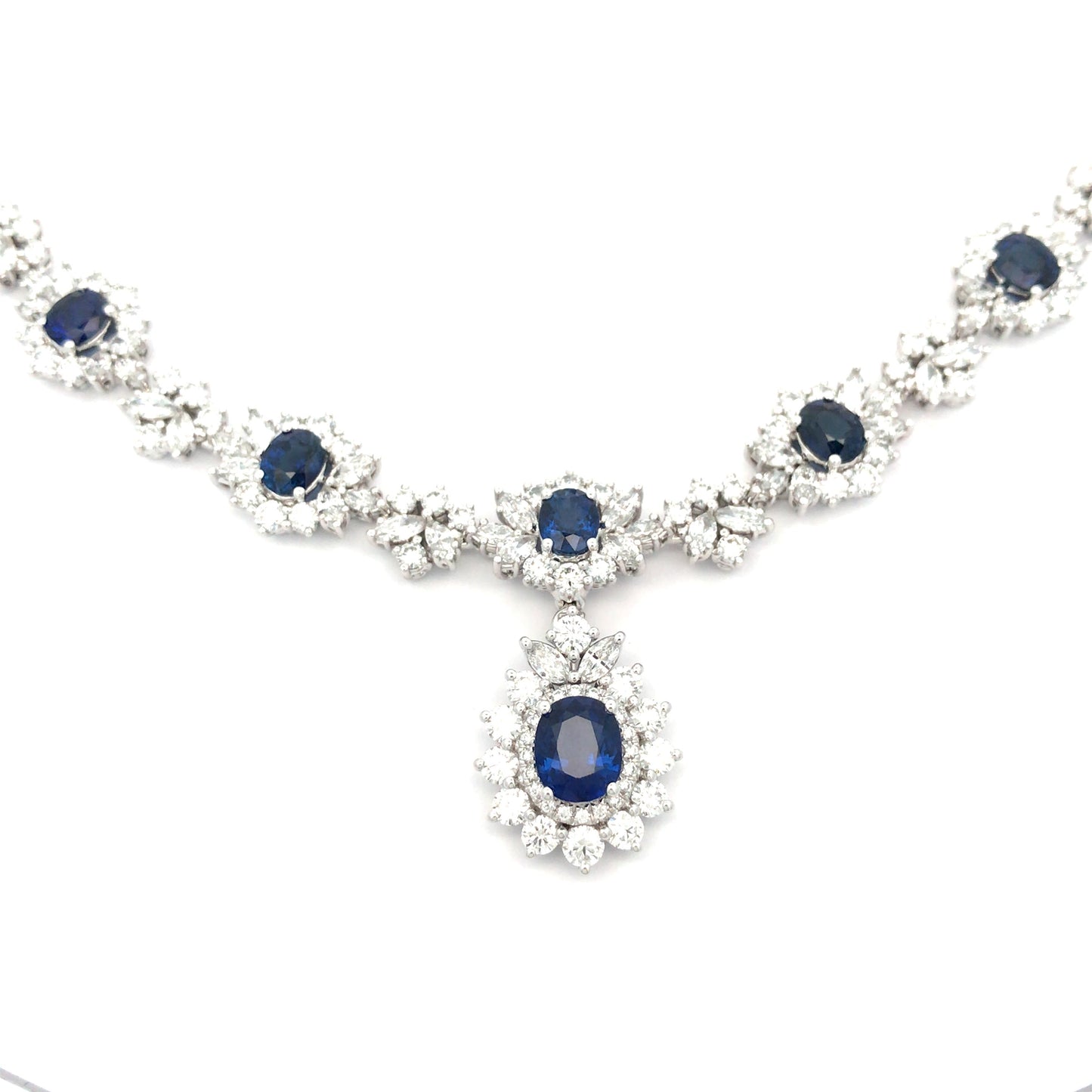 18K White Gold Diamond Necklace set with Oval Blue Sapphire Pendant