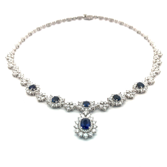 18K White Gold Diamond Necklace set with Oval Blue Sapphire Pendant