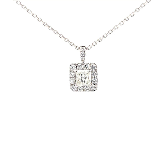 18K White Gold Princess Diamond Pendant Set with Halo Round Diamonds