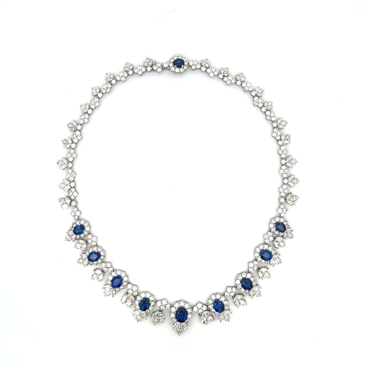 18K White Gold Oval Blue Sapphires with Marquise & Round Cut Diamond Necklace